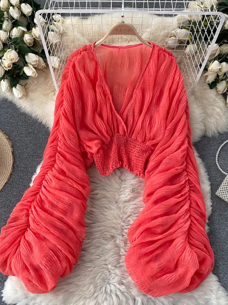 Chiffon Draped V-Neck Cropped Blouse