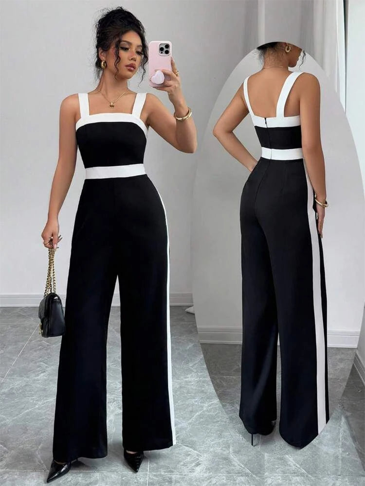 Contrast-Trim Square-Neck Jumpsuit