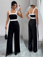 Contrast-Trim Square-Neck Jumpsuit