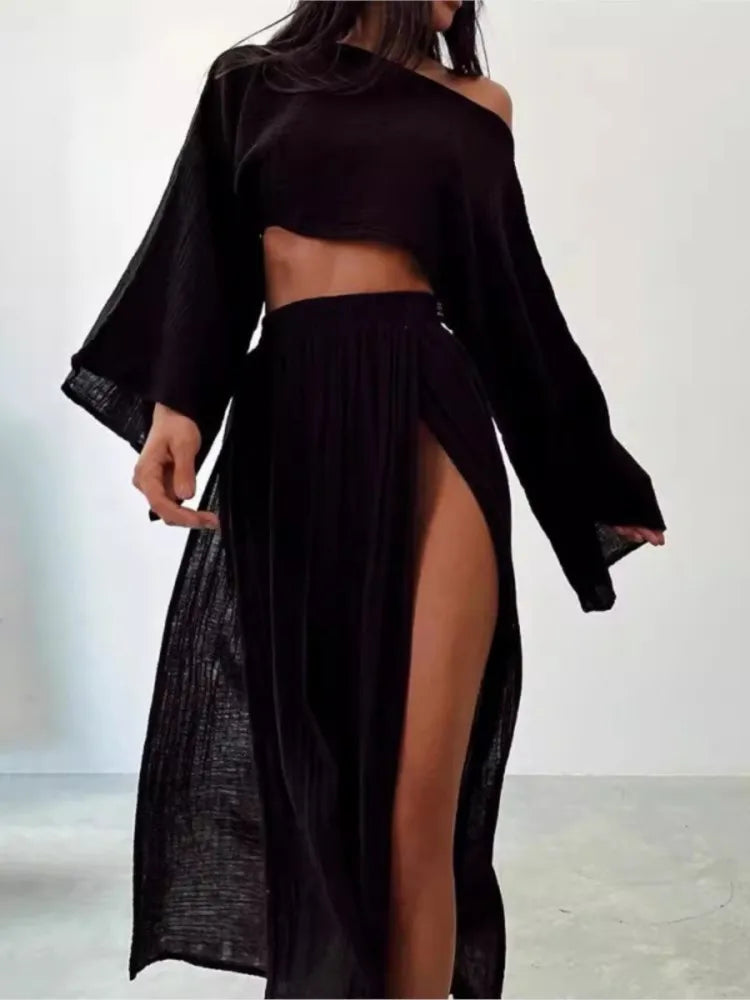 Linen Crop Top & Split Skirt Set