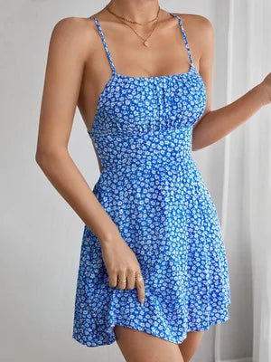 Blue Floral Ruched Mini Dress