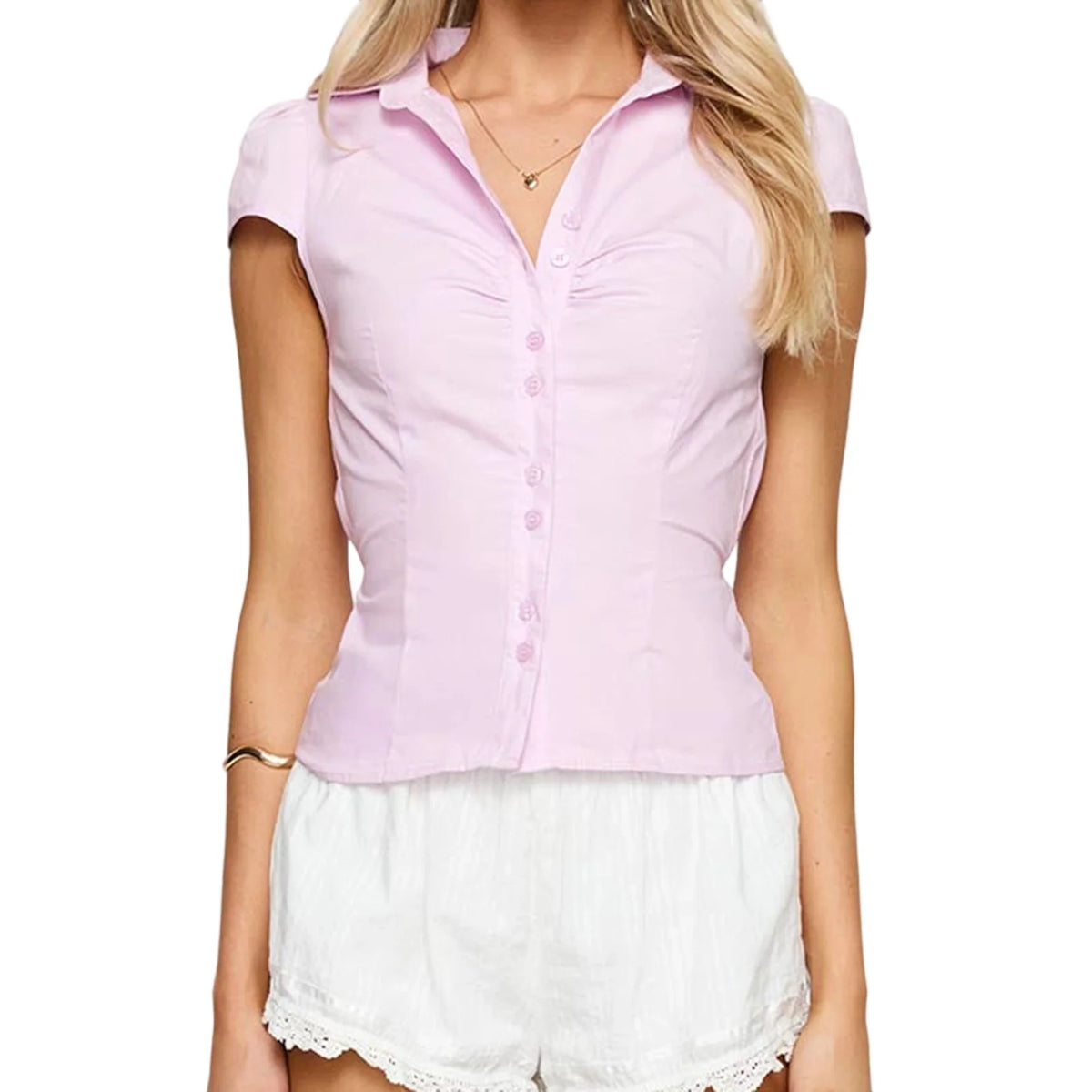 Button-Up Short-Sleeve Cropped Blouse