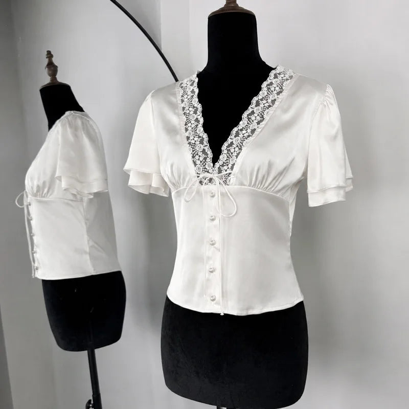 Printed Lace V-Neck Crop T-Shirt