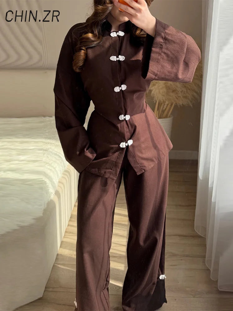 Mandarin Collar Shirt & Wide-Leg Pants Set