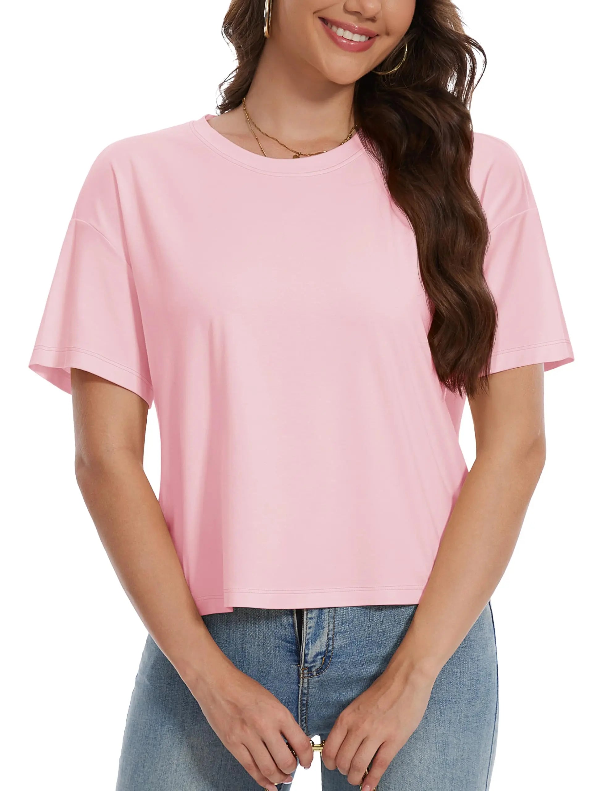 TACVASEN UPF 50+ Cropped Cotton T-Shirts Womens Summer Short Sleeve Casual Crew Neck Tops Breathable Sun UV Block Outdoor Tees