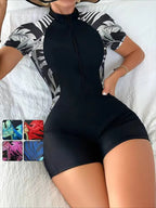 One Piece Floral Swimwear Swim Suit Women Short Sleeve Swimsuit Zip Front Tropical Plant Surfing Sun Protection（No built-in bra