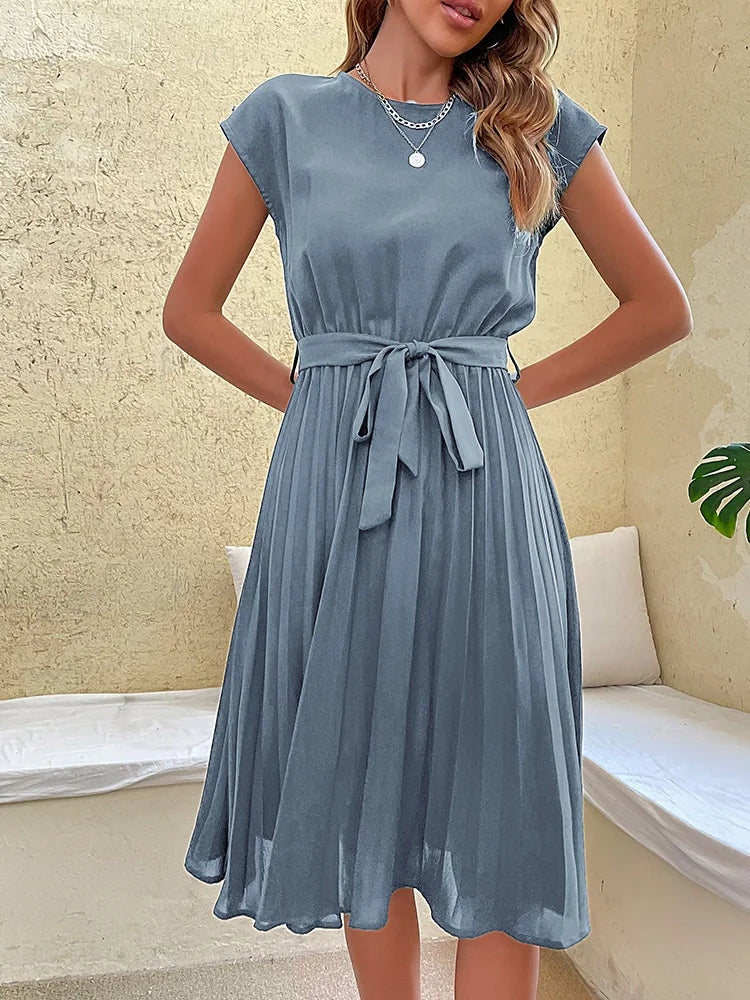 Pleated Short-Sleeve Midi Dress