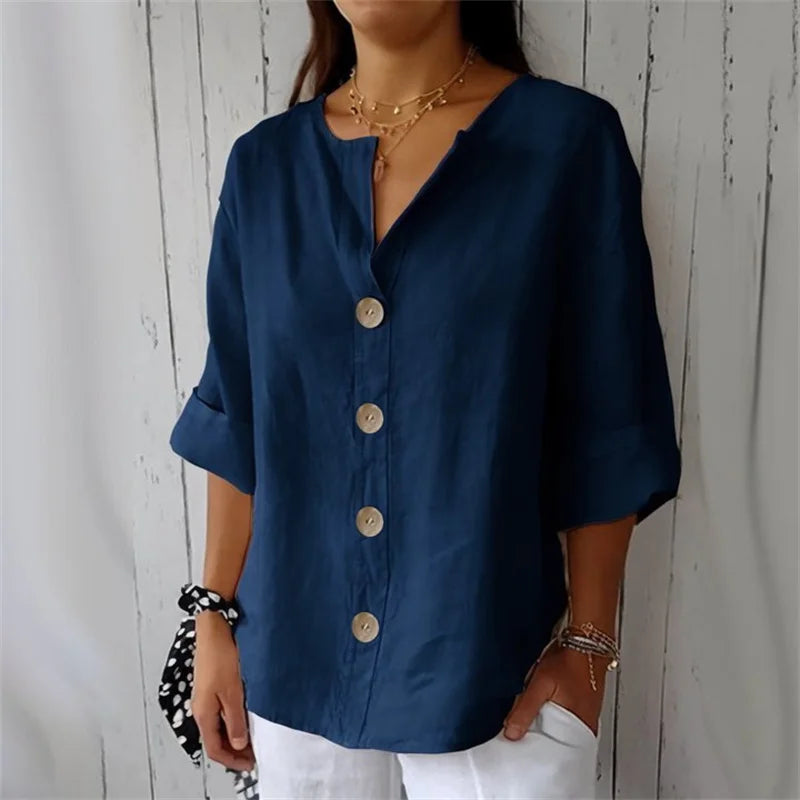 Cotton-Linen Button-Up V-Neck Blouse