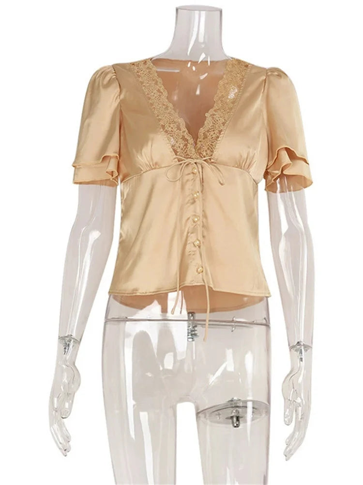 Printed Lace V-Neck Crop T-Shirt