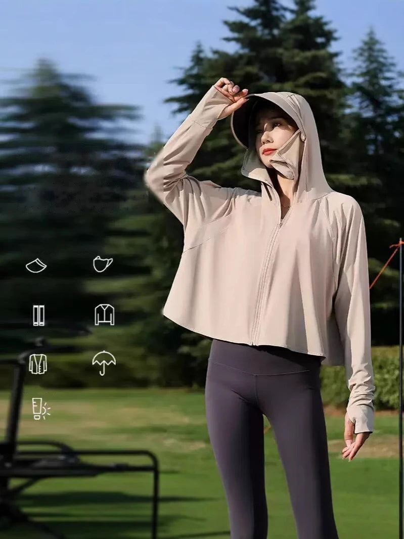 Summer Women's Sun Protective Clothing Breathable Traveling Brim Ponytail Hole Sun Hoodie Detachable Shopping Long-Sleeved Shirt