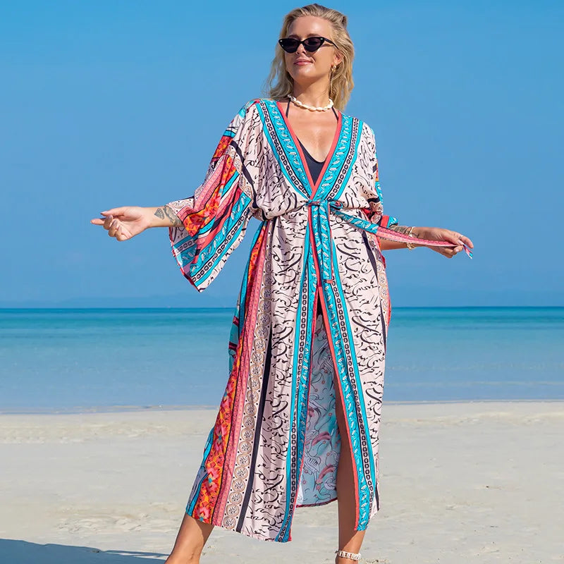 Printed Belted Kimono Cover-Up