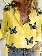 Cotton-Linen Button-Up Long-Sleeve Blouse