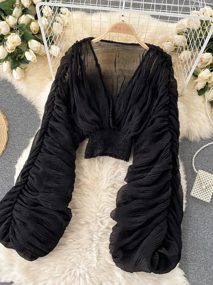 Chiffon Draped V-Neck Cropped Blouse