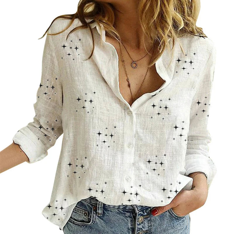 Cotton-Linen Button-Up Long-Sleeve Blouse