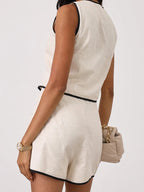 Linen V-Neck Vest & Mini Skirt Set