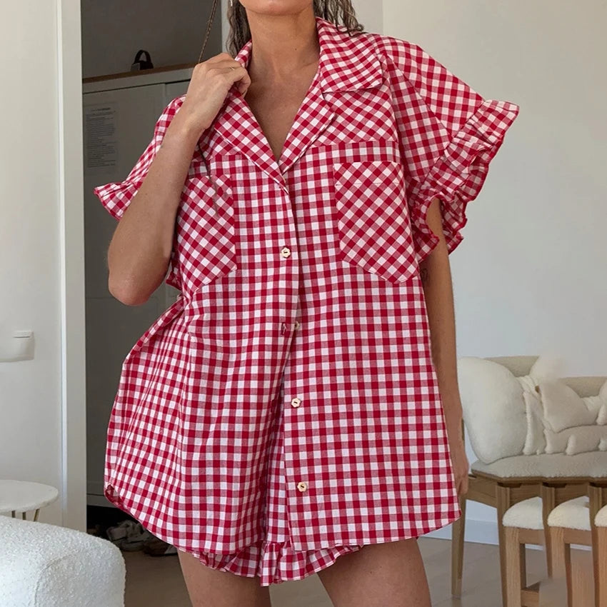 Plaid Shirt & High-Waist Shorts Set