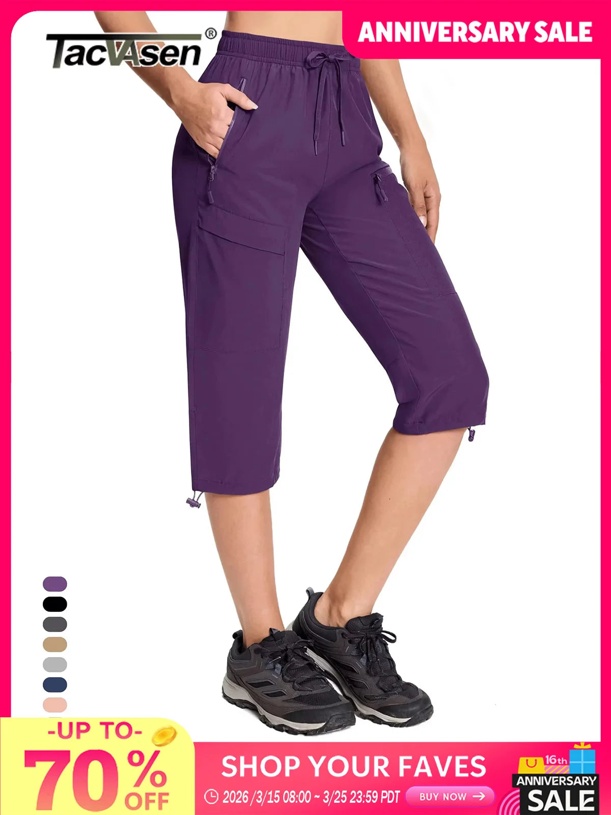 TACVASEN UPF50+ Quick Dry Capri Pants Womens Summer Hiking Cargo Pants 5 Pockets Waterproof Sun UV Protection Knee Length Shorts