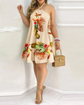 Tropical Leaf Halter Mini Dress
