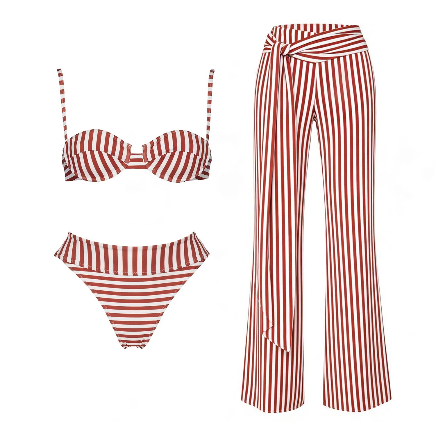 Striped Three-Piece Bandeau Bikini Set