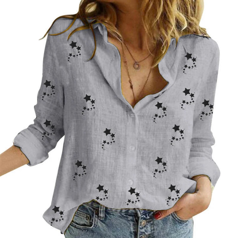 Cotton-Linen Button-Up Long-Sleeve Blouse