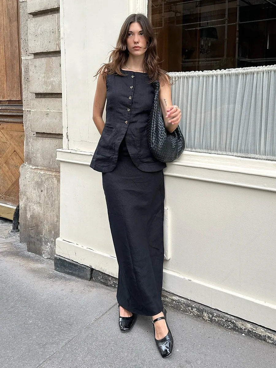 Linen Vest & High-Waist Skirt Set