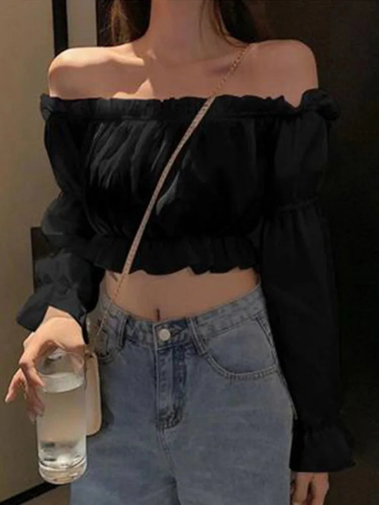 Ruffle Off-Shoulder Puff-Sleeve Crop Top