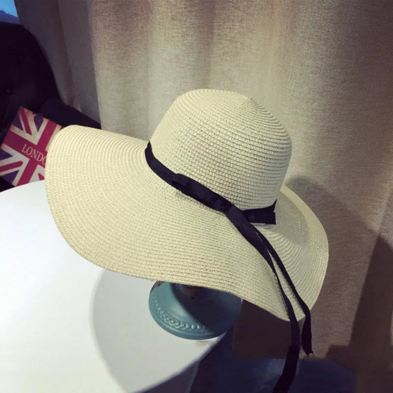 Bow-Trim Floppy Straw Sun Hat