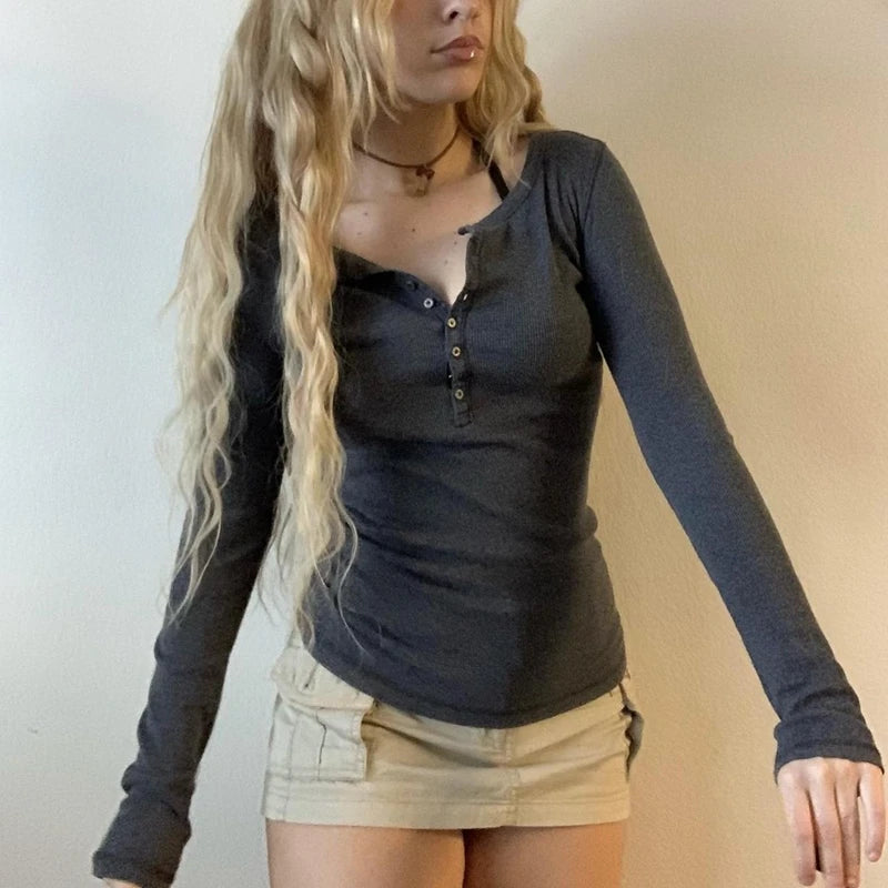 Button-Up Long-Sleeve Slim-Fit Crop T-Shirt