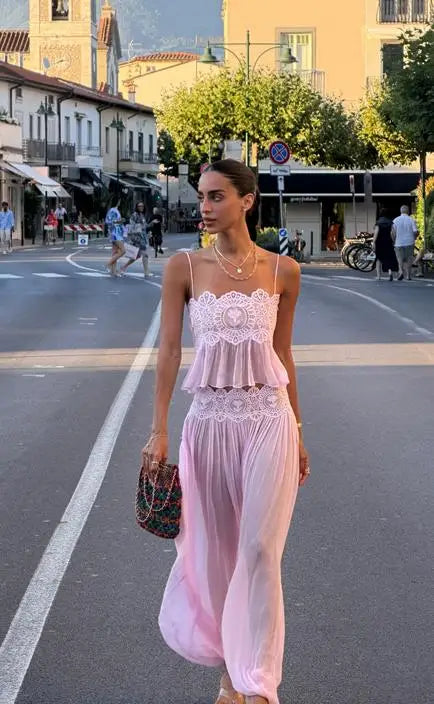 Lace Crop Cami & Wide-Leg Pants Set