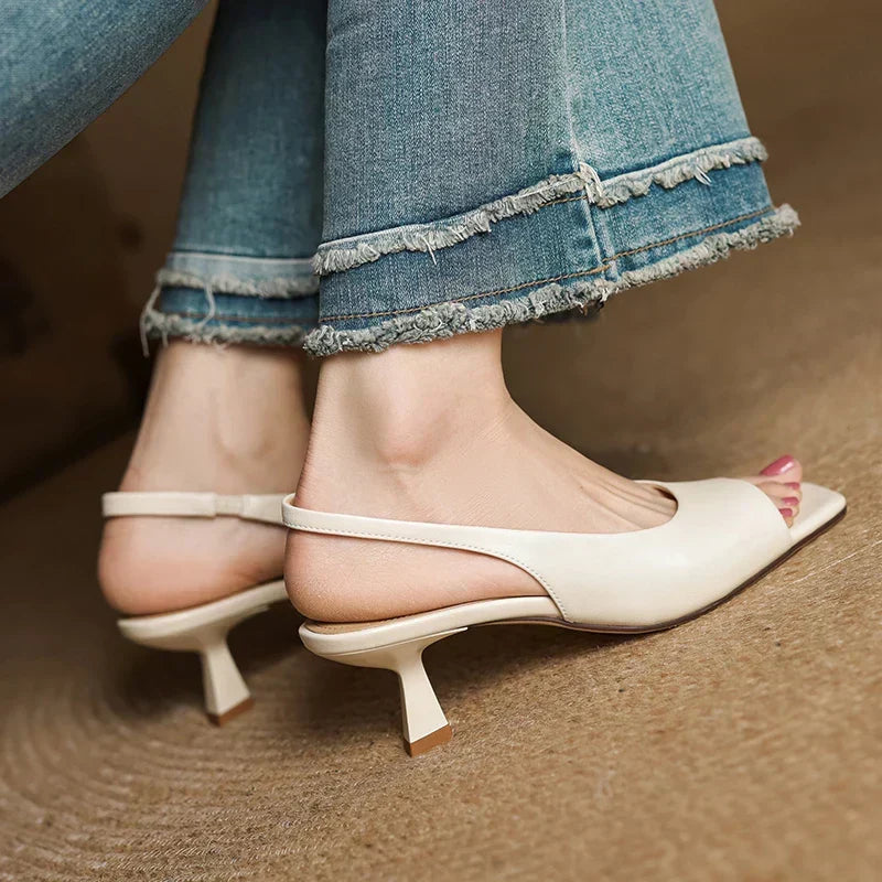 Leather Square-Toe Slingback Heels