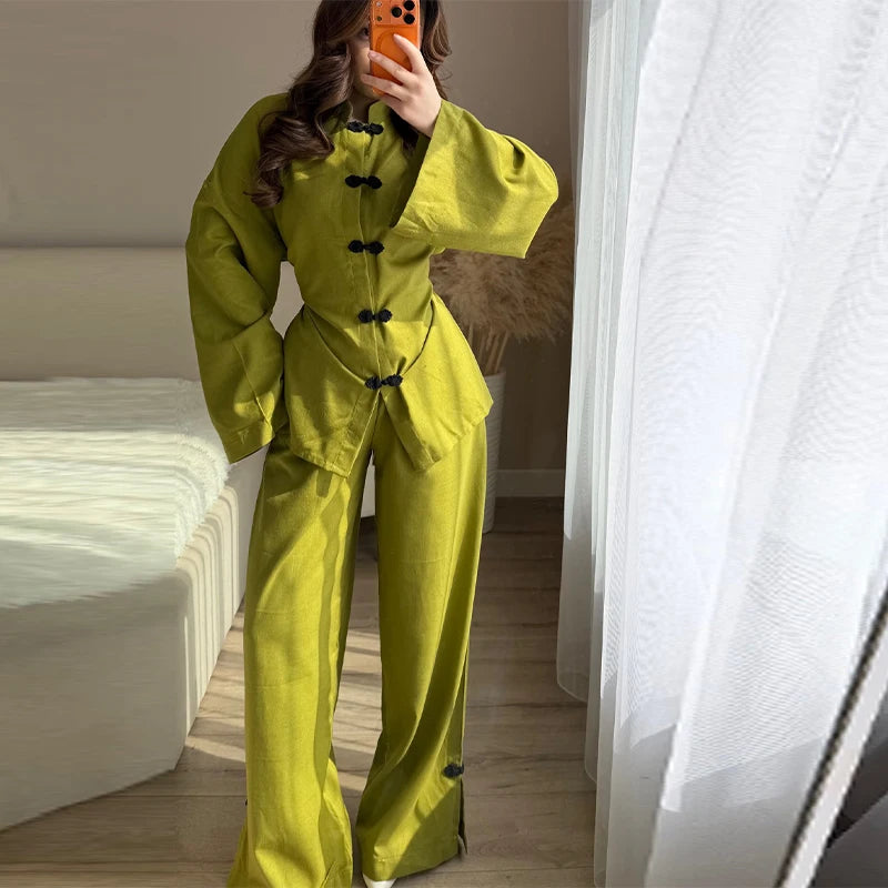 Mandarin Collar Shirt & Wide-Leg Pants Set