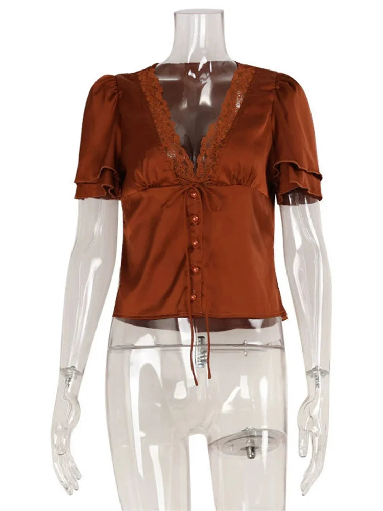 Printed Lace V-Neck Crop T-Shirt