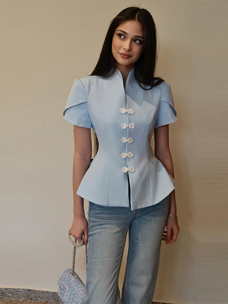Button-Up Puff-Sleeve Blouse