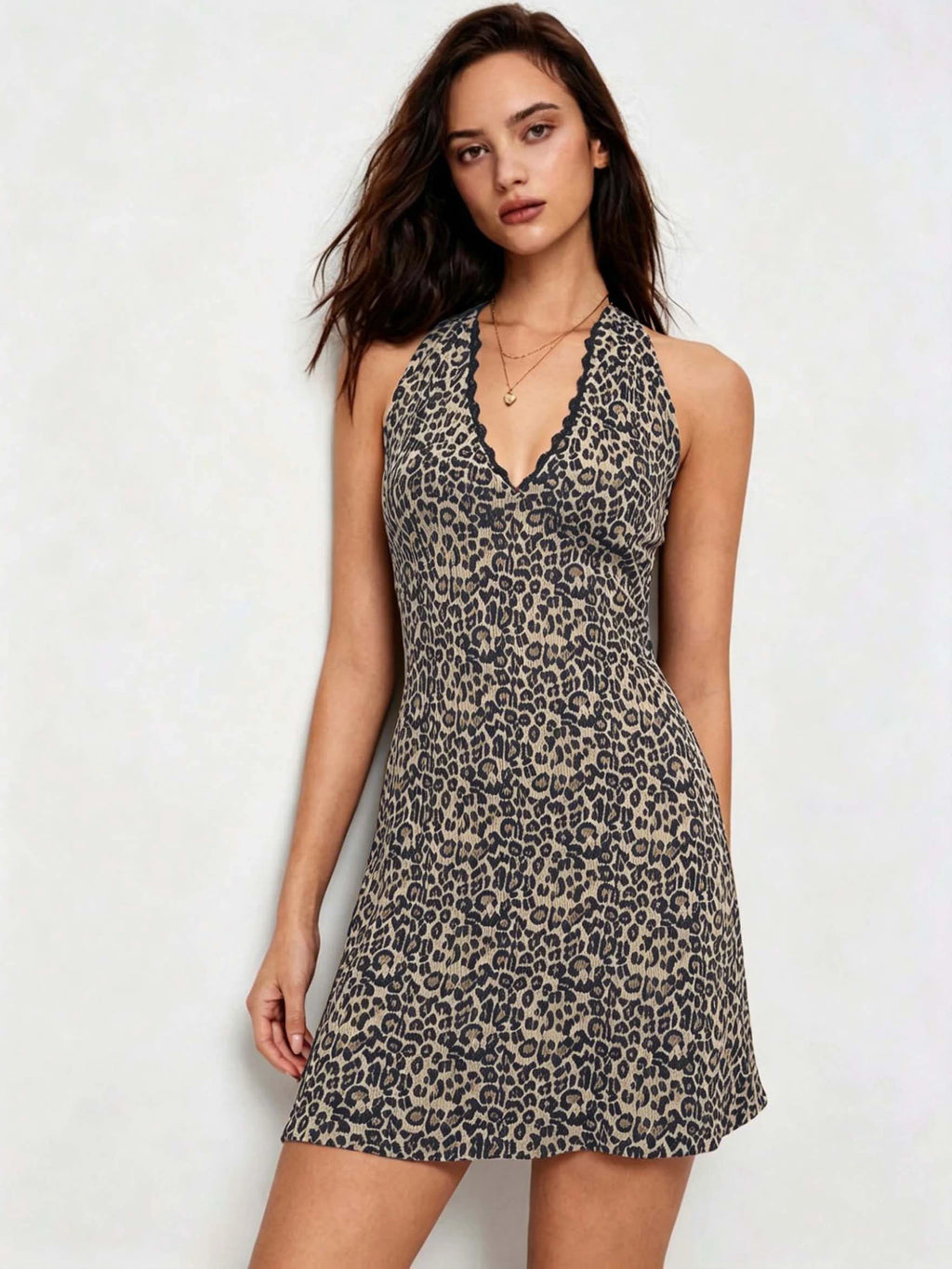 Leopard Lace Halter Mini Dress
