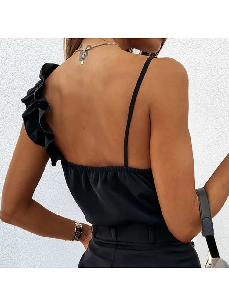 Ruffle V-Neck Backless Sleeveless Blouse