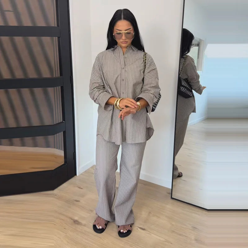 Striped Shirt & Wide-Leg Pants Set