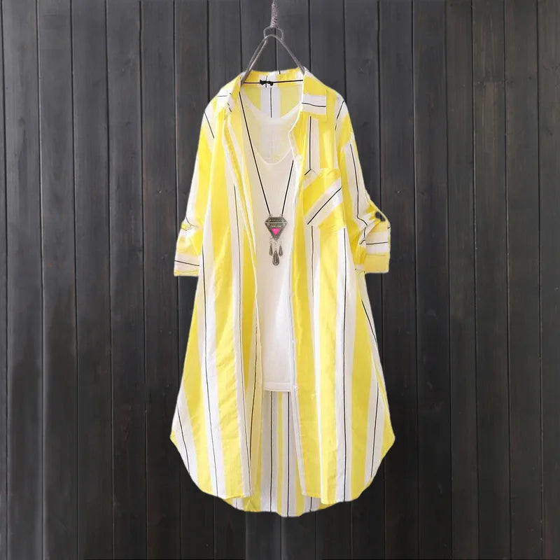 Chiffon sun protection shirt women's long-sleeved fashion top large size loose hip-covering striped long shirt