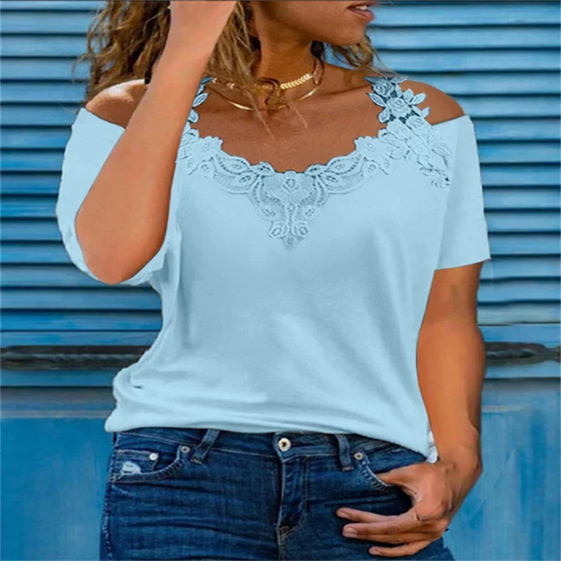 Lace Off-Shoulder V-Neck T-Shirt