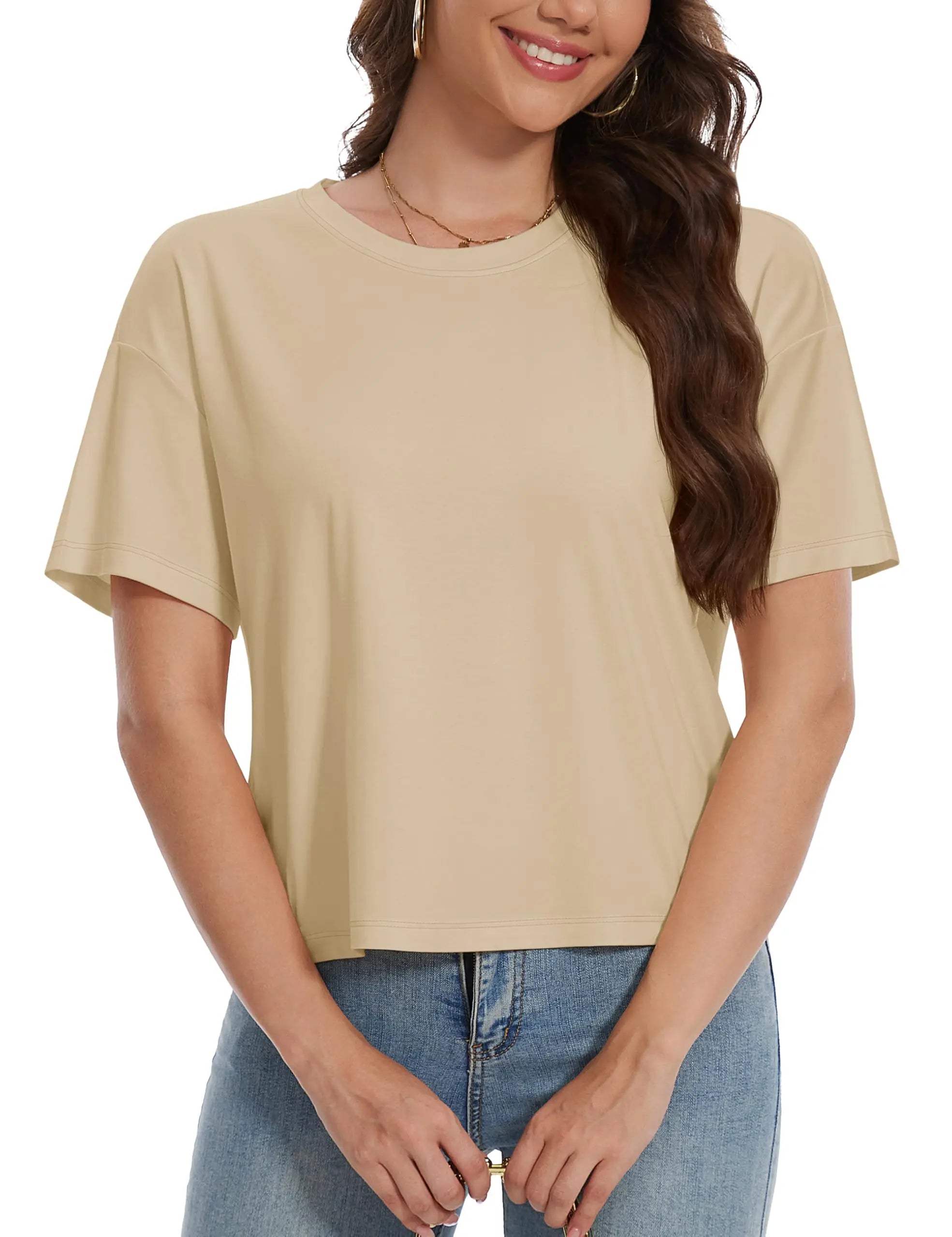 TACVASEN UPF 50+ Cropped Cotton T-Shirts Womens Summer Short Sleeve Casual Crew Neck Tops Breathable Sun UV Block Outdoor Tees
