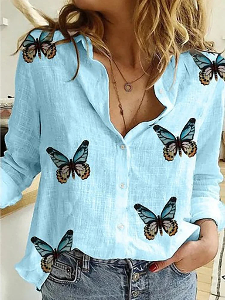Cotton-Linen Button-Up Long-Sleeve Blouse