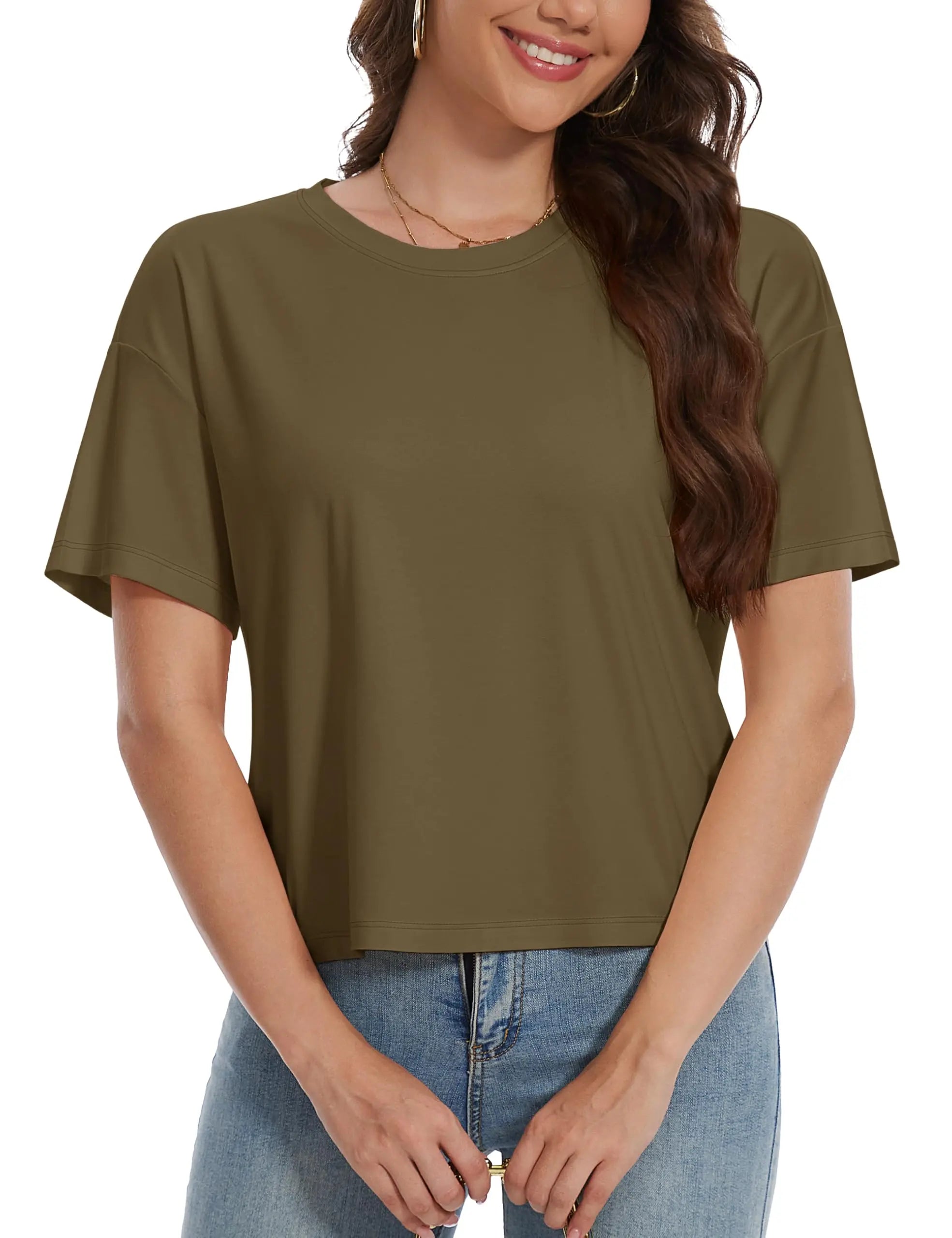 TACVASEN UPF 50+ Cropped Cotton T-Shirts Womens Summer Short Sleeve Casual Crew Neck Tops Breathable Sun UV Block Outdoor Tees