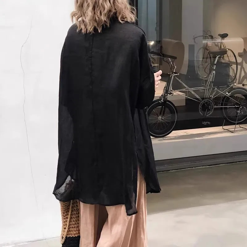 Cotton-Linen Long-Sleeve Relaxed Blouse