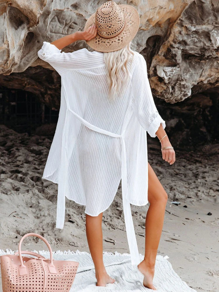 Self-Belted Beach Shirt Cover-Up