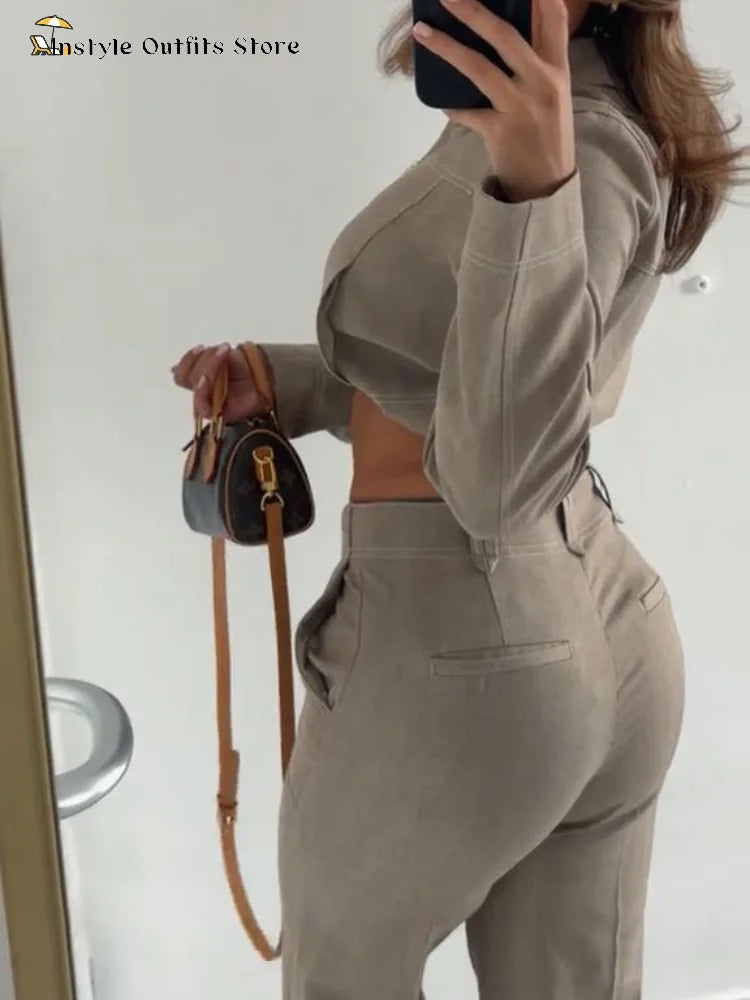 Zip-Collar Crop Top & Straight Pants Set
