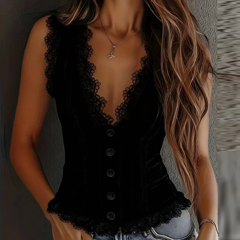 Lace Button-Up Sleeveless Tank Top