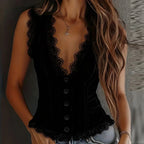 Lace Button-Up Sleeveless Tank Top