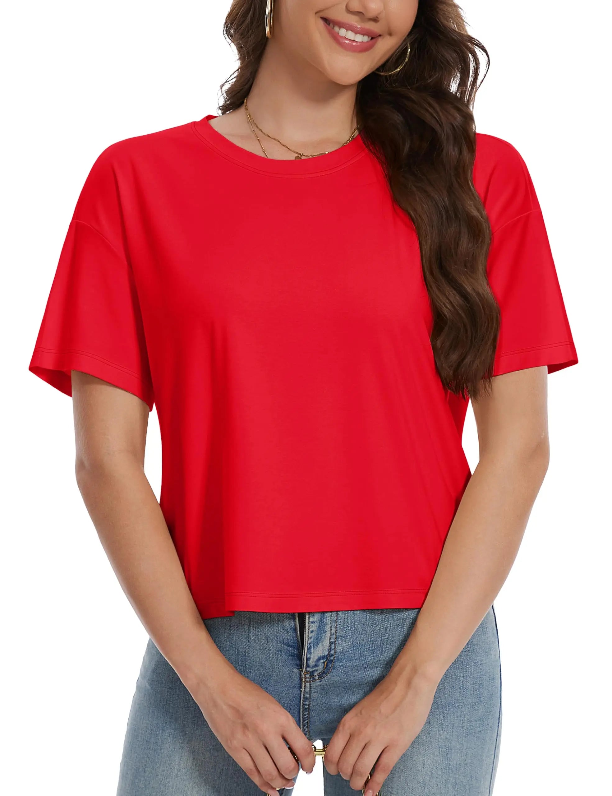 TACVASEN UPF 50+ Cropped Cotton T-Shirts Womens Summer Short Sleeve Casual Crew Neck Tops Breathable Sun UV Block Outdoor Tees