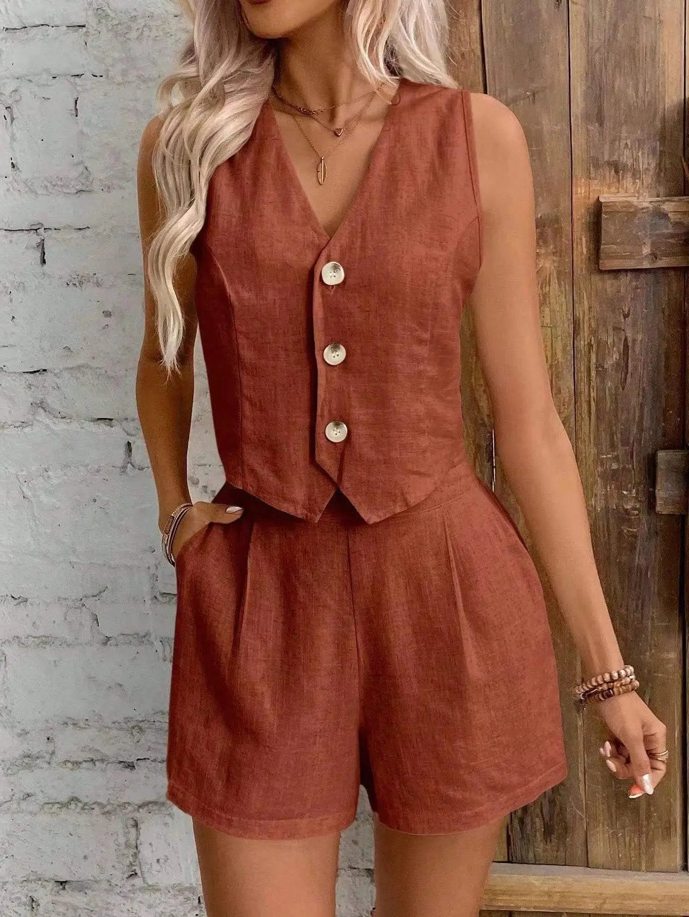 Linen Vest & Shorts Set
