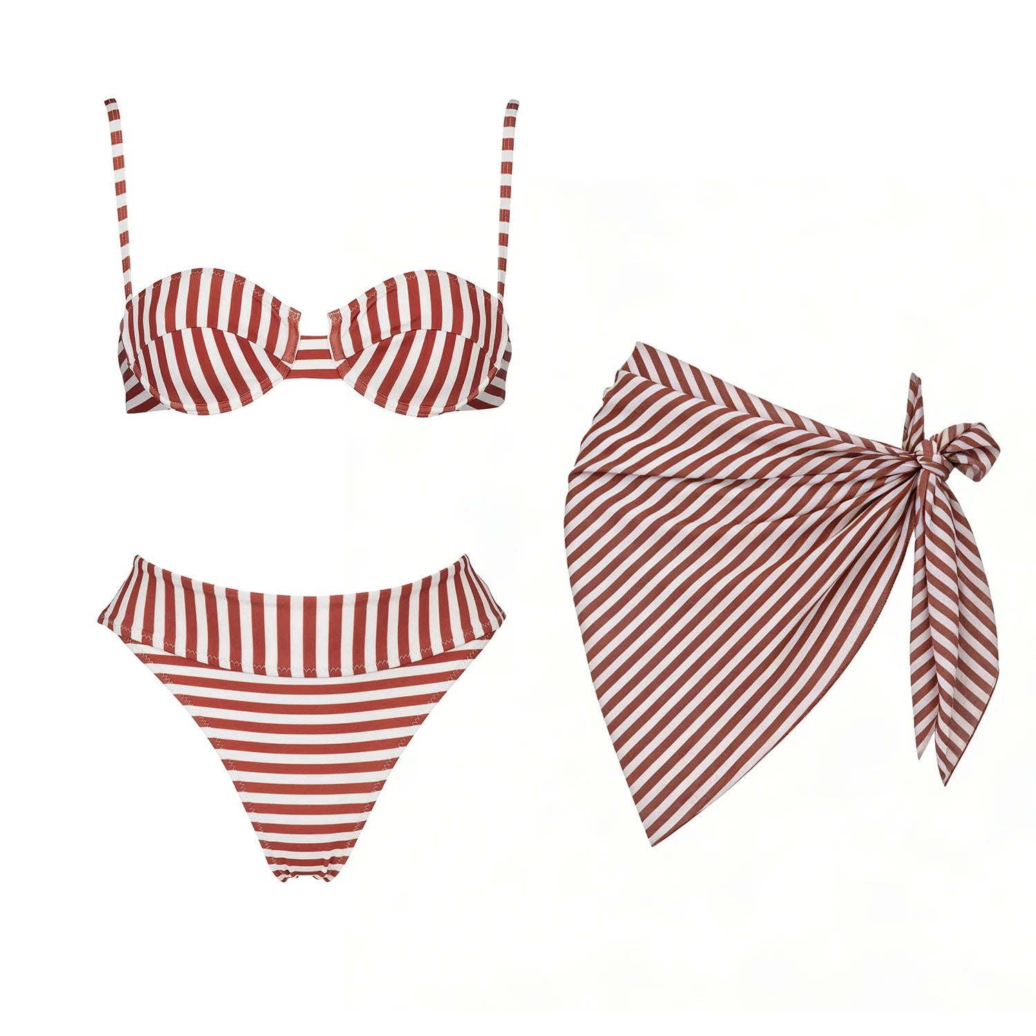 Striped Three-Piece Bandeau Bikini Set