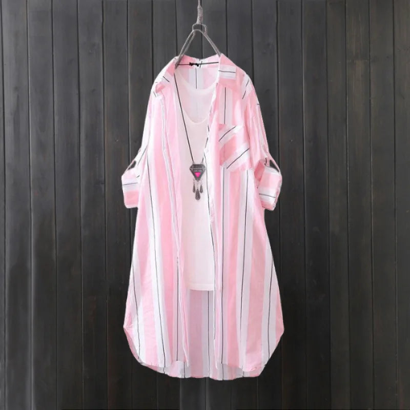 Chiffon sun protection shirt women's long-sleeved fashion top large size loose hip-covering striped long shirt